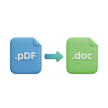 3d icon showing a blue pdf file transforming or converting into a green word document doc file, symbolizing document editing and format change