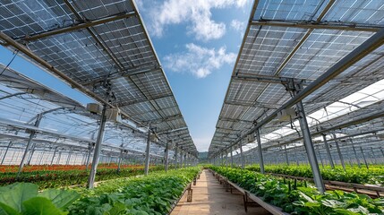 translucent photovoltaic panel array on agricultural greenhouse roof, intelligent drip irrigation cultivation racks below, background is crop growth monitoring screen and farmland	