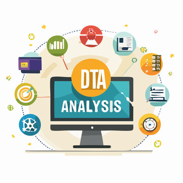 Flat lay composition of DTA analysis icons and symbols surrounding a computer monitor on a beige background with a professional and technological mood.