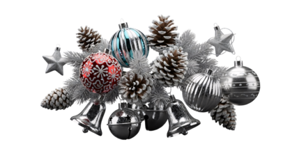 Christmas ornament arrangement with silver and blue baubles and pine cones.