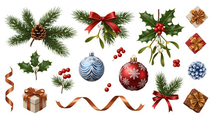 Christmas ornament collection with pine branches ribbons and gifts.