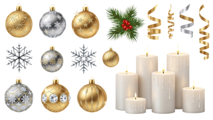 Christmas ornaments and candles arranged for festive decor.
