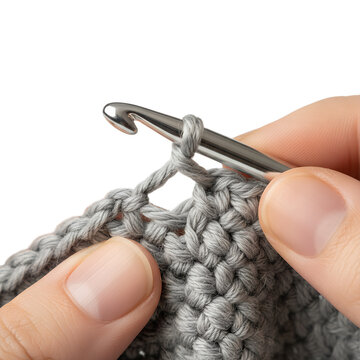 Close-up of a person's hands crocheting with a light grey yarn and a metal hook, showcasing the craft process for diy and hobby content
