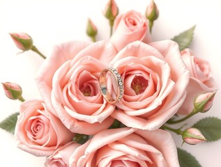 simple illustration of stylized cozy wedding rings placed delicately between light pink roses with gentle petals and buds from top view perspective