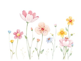 Whimsical hand-drawn watercolor illustration of cute and cozy floral soft petal-like flowers in pastel shades of pale pink, blue, and yellow, with green stems and leaves