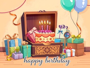 stylized and whimsical illustration of cozy birthday greeting card featuring vibrant happy birthday cake with lit candles, surrounded by beautifully crafted wooden box