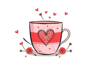 simple whimsical illustration of cozy stylized colorful cup with a heart and subtle patterns for valentines day cards, soft pastel hues of pink and red