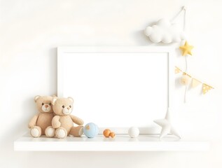 simple illustration of cute cozy and modern scandinavian newborn baby interior with mock up photo or poster frame on white shelf