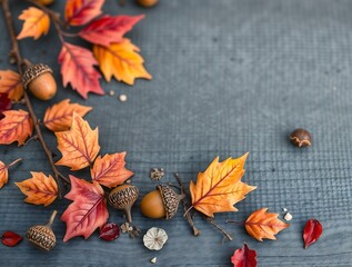 simple illustration of cozy wood autumn dried leaves, twigs and acorns, in blue, red and orange tones