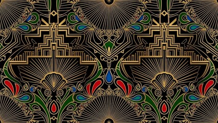Vibrant Art Deco Pattern with Floral Motifs.