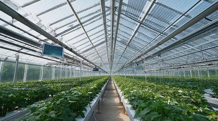 translucent photovoltaic panel array on agricultural greenhouse roof, intelligent drip irrigation cultivation racks below, background is crop growth monitoring screen and farmland	