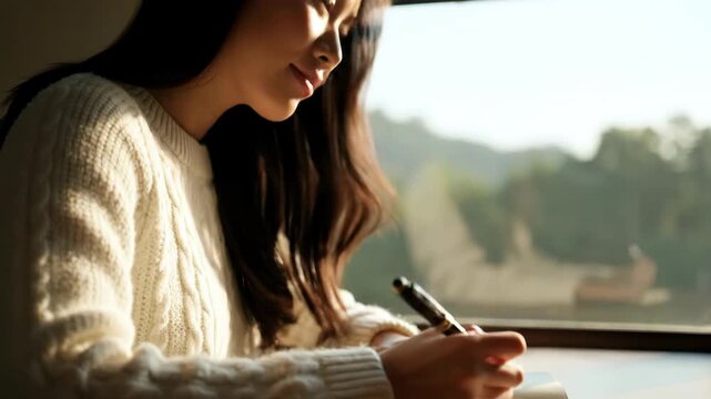 A young Asian woman writes in a notebook by a window, then looks out. Sunlight illuminates her face, enjoying a peaceful moment.