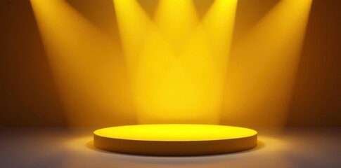 Illuminated yellow circle platform on lightbox, four spotlights , vibrant, stage, simple background