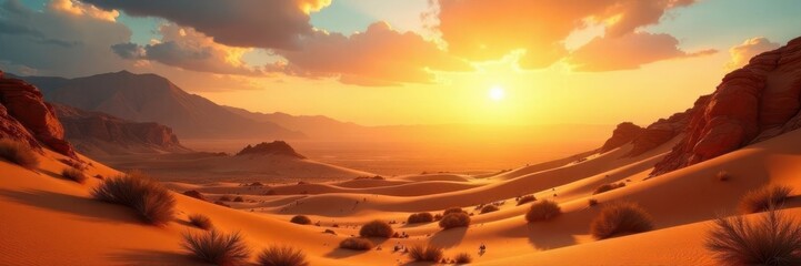 Intense sunlight blazes across a desert landscape , yellow, intense