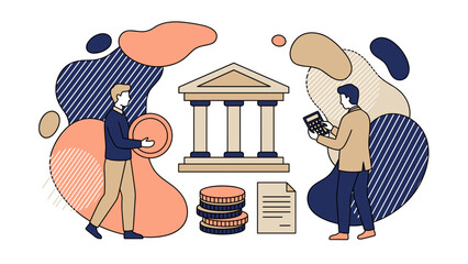 Financial illustration depicting banking money and economic concepts with people.