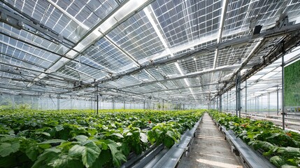translucent photovoltaic panel array on agricultural greenhouse roof, intelligent drip irrigation cultivation racks below, background is crop growth monitoring screen and farmland	