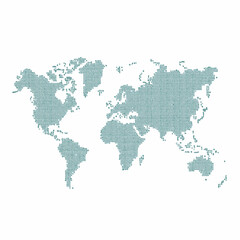 Fototapeta premium Teal-colored world map on a white background with a pixelated design and a subtle grid pattern.