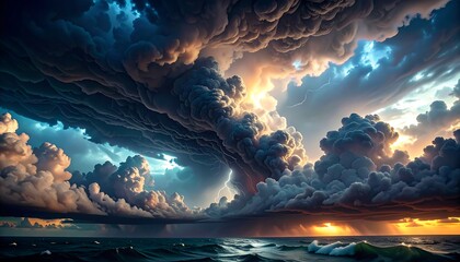 A dramatic, digitally painted seascape featuring towering storm clouds over a churning ocean. Lightning streaks across the sky during sunset