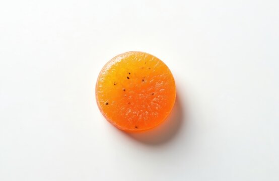 One orange round vitamin C tablet with dark specks rests on clean white surface. This single pill offers health benefits and space for copy. It looks like candy.