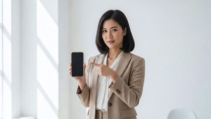 Professional woman in beige formal suit holding smartphone with black screen and pointing at it clear explanatory gesture