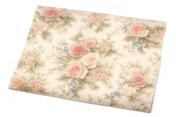 Antique style fabric or paper showcasing a gentle floral pattern with blooming pink roses and delicate foliage, ideal for backgrounds
