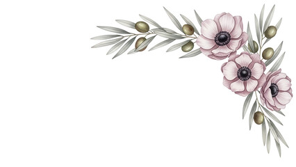 Delicate luxury watercolor corner element with anemones and olive branches in muted mauve tones isolated on white background