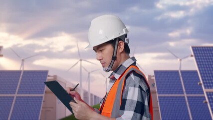Side View of Asian Male Engineer Taking Note on Tablet While Walking at Energy Farm featuring Solar Panels, Battery Storage and Wind Turbines