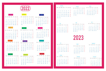 editable minimal calendar design 2022-2023. Week starts on Sunday. Place for notes. Minimalist trendy design for desktop design calendar planner