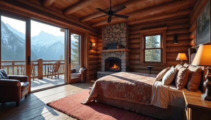 Warm log cabin bedroom features stone fireplace with burning fire. Large glass doors open to mountain balcony. Cozy bed, wooden furniture, ceiling fan create inviting space.