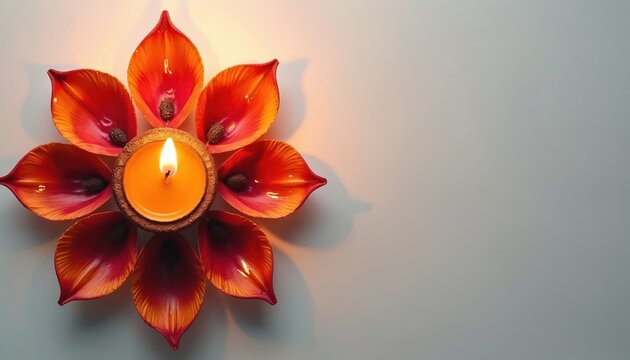 Single burning candle in flower shaped diya. Orange yellow flame glows with warm light. Traditional Indian decor on white surface. Copy space for text. - Powered by Adobe
