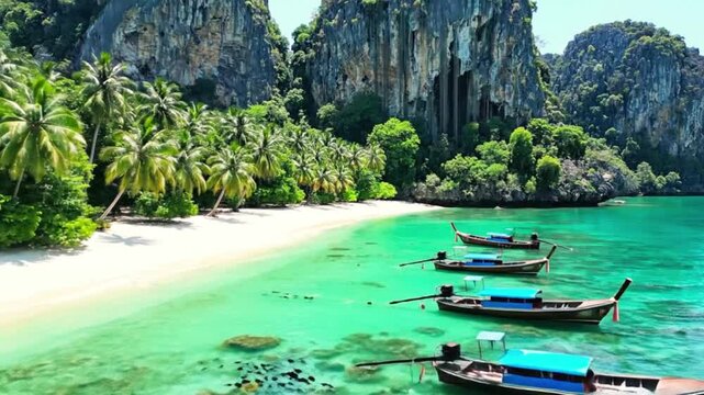 Stunning view tropical beach phi phi island Krabi, Thailand with limestone cliffs and clear blue sea