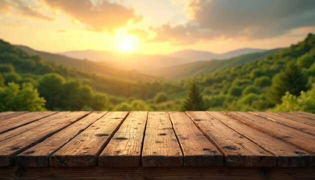 Empty rustic wooden table surfaces foreground overlook green hilly landscape with warm sunset sky. Natural wood deck offers space for product placement near forest backdrop.