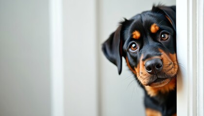 Cute rottweiler puppy peeks around door frame. Young dog with dark and tan fur looks curiously into camera. Pet waits patiently indoors, curious for attention or play time.