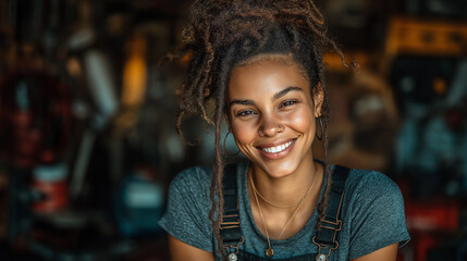 Smiling Young Woman in Dreadlocks at Creative Workshop: Professional Portrait Showcasing Vibrant, Authentic Lifestyle and Talented Artistic Passion