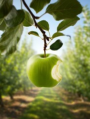 Fresh green apple with bite taken out hanging from tree branch