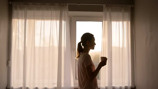 柔らかな朝の自然光を背に、窓辺でコーヒーカップを持つ人物のシルエットを捉えたイメージ。
逆光による陰影とミニマルな室内が、静かで落ち着いた雰囲気を演出しています。
余白を多く含む構図で、テキスト配置にも適したビジュアル。