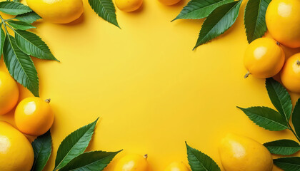 Bright yellow fruits and green leaves arranged on a vibrant yellow backdrop creating a frame. This design is perfect for food related content and summer promotions.