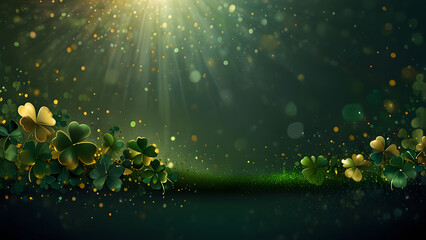 Golden and green shamrocks are scattered over a dark background glittery and festive. Holiday concept 