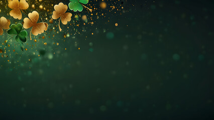 Golden and green shamrocks are scattered over a dark background glittery and festive. Holiday concept 