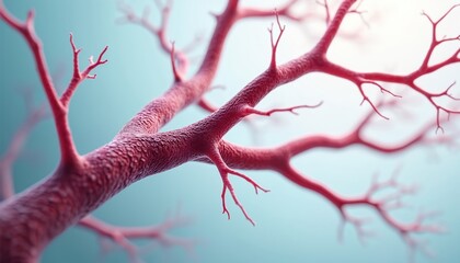 Abstract macro view of branching blood vessels, red capillaries and arteries against soft blue background. Detailed microscopic organic network for medical science and research.