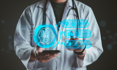 Doctor using smartphone with AI artificial intelligence brain interface. Futuristic medical analysis of lungs, stomach, and health diagnosis technology. Smart healthcare hologram concept.