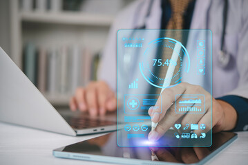 Doctor hand using tablet stylus to analyze medical statistics hologram with charts and 75% percentage. Healthcare data analytics, digital research report, and hospital technology concept.