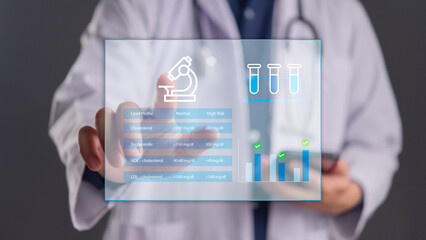 Doctor analyzing Lipid Profile results on virtual hologram screen showing Cholesterol, LDL, HDL, and Triglyceride levels. Medical technology concept for blood test analysis and heart health diagnosis.