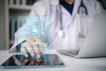 Doctor using digital tablet with hologram interface for online e-prescription. Smart healthcare technology concept showing medicine list like Ibuprofen and telemedicine service in hospital clinic.