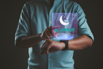 Man using smartwatch with sleep tracking hologram interface. Digital sleep quality monitor, insomnia analysis, and healthy night rest technology concept. 7 hours sleep cycle data.