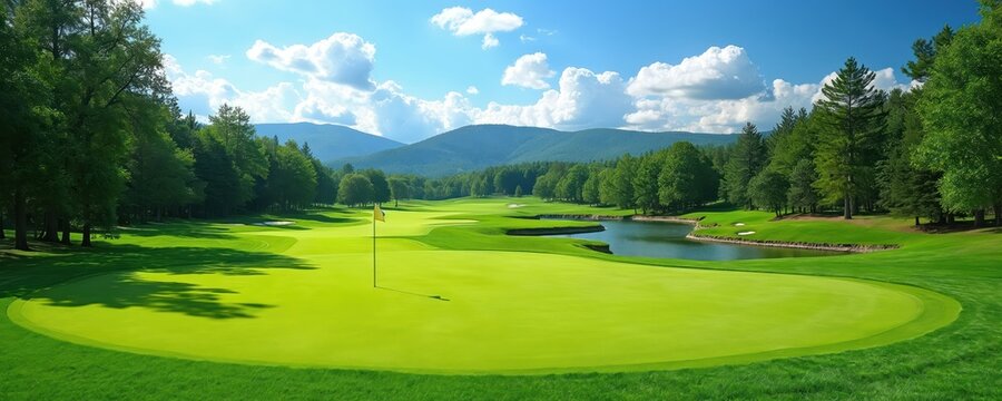 Rolling green golf course with manicured turf, trees, water hazards, and mountains in background. Sunny day with blue sky and fluffy clouds.