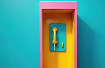 Retro telephone booth with bright yellow and pink colors contrasts against a teal wall. Iconic communication object from past era is shown closeup.