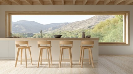 Modern kitchen interior with large window and scenic mountain view background