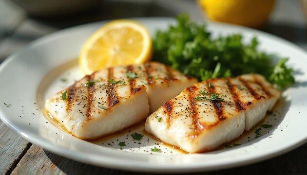 Three juicy grilled tilefish fillets with lemon slice and fresh greens on white plate. Savory seafood entree seasoned with herbs and pepper, perfect for healthy dining.