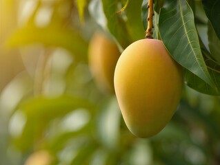 Vibrant yellow mango hanging from lush green tree branch